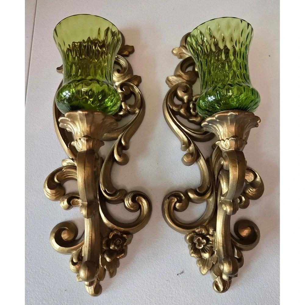 Vintage 1971 HOMCO 4119 Wall Sconces Pair Green Glass Gold Hollywood Regency